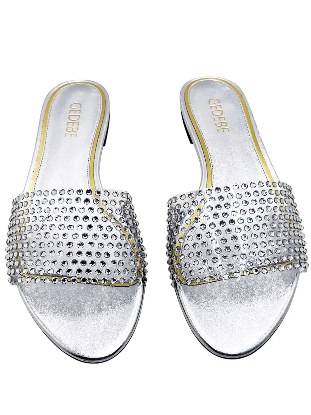 🆕{Gedebe} Metallic Leather Silver Crystal  Embellished Slides Sandals